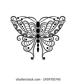 Stylized butterfly with a doodle pattern on a white background. Sketch for henna painting. Coloring book for children and adults
