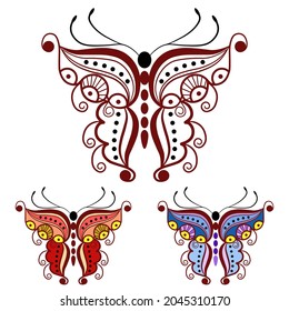 Stylized butterfly with a doodle pattern on a white background. Sketch for henna painting. Coloring book for children and adults