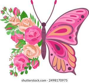 Stylized butterfly with flower pattern wings. Summer drawing