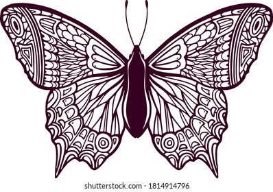 Stylized Butterfly. Hand Drawn for  children or adult coloring pages, illustration isolated on white background. Sketch for tattoo. Insect collection.