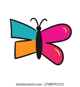 A stylized butterfly illustration featuring bright pink orange and teal wing segments with a bold black outline isolated on a white background