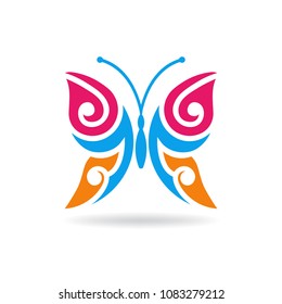 Stylized butterfly logo element on white background. Isolated colorful ornamental butterfly design for tattoo, sticker or decoration of wall. Vector illustration.  