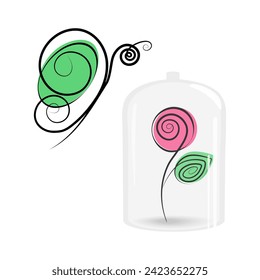 Stylized butterfly and rose under a glass lid in trendy marker shades. Set of 2 design elements