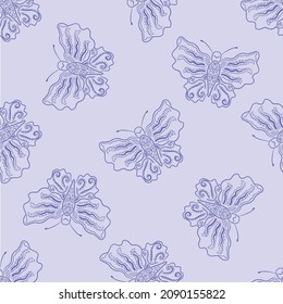 Stylized butterfly seamless vector pattern background. Backdrop with stencil style intricately decorated butterflies. Elegant lying bugs scattered design. All over print in periwinkle purple violet.