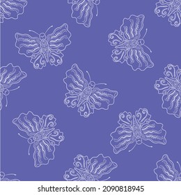 Stylized butterfly seamless vector pattern background. Backdrop with stencil style intricately decorated butterflies. Elegant lying bugs scattered design. All over print in periwinkle purple violet.