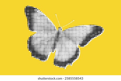 A stylized butterfly silhouette created with black dots on a bright yellow background, showcasing a modern and artistic design.