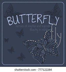 Stylized butterflys with text vintage illustration pattern on a dark blue background. Applique print for textile clothes in fashion luxury design. Slogan graphic for t-shirts in vector.