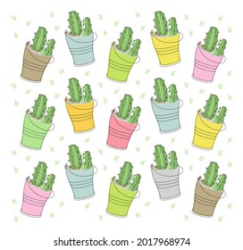 Stylized cacti growing in metal
multi-colored bucket. A wonderful home plant. Flat vector pattern.