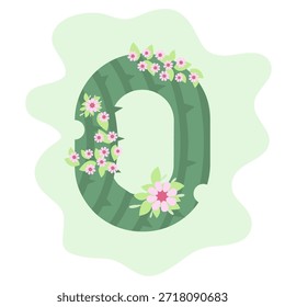 Uma fonte de cactos estilizada adornada com flores vibrantes e folhas verdes, colocada contra um fundo verde claro, evocando um tema da primavera.