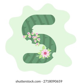 Una estilizada fuente de cactus que muestra el número cinco con vibrantes flores rosadas y hojas verdes sobre un fondo verde claro.