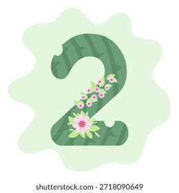Una estilizada fuente de cactus número dos con decoraciones florales sobre un fondo verde claro.