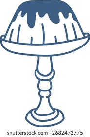 Un pastel estilizado con glaseado se asienta sobre un soporte adornado en un dibujo de línea limpia. El postre está representado con líneas fluidas y una base de pedestal clásica. Ilustración vectorial de dibujos animados.
