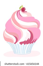 Stylized cake sketch vector muffin with cream and whipped cream, delicious and sweet, aromatic, with cherry and leaf, in corrugated paper, vector icon