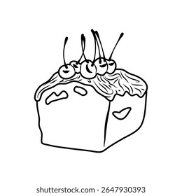 Stylized cake slice with chocolate frosting and cherries is depicted against a dark backdrop Great for use in designs related to food or sweets.
