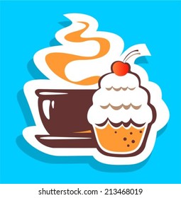 Stylized cake and tea cup isolated on a blue background.