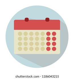 Stylized calendar in a flat style. Month. Calm colored colors. Blue background, white round frame. Gray shadow