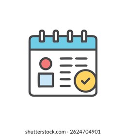 Stylized calendar icon with a checkmark against black. Flat design style with rounded shapes and outlined in grey.