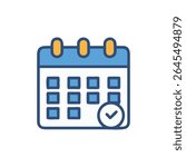 Stylized calendar icon with checkmark. Graphic, flat style on White Background. Blue, orange, and white color palette.