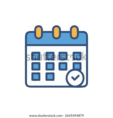 Stylized calendar icon with checkmark. Graphic, flat style on White Background. Blue, orange, and white color palette.