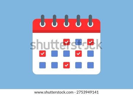 Stylized calendar icon with checkmark. Graphic, flat style on White Background. Vector Illustration