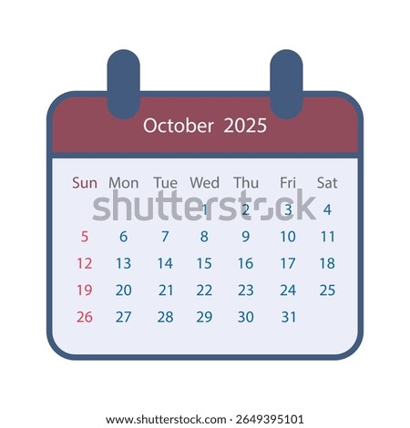 A stylized calendar icon displays the month of October in the year 2025. The days of the week are listed across the top, with numbered dates filling the grid.