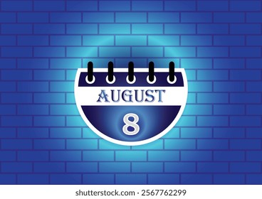 A stylized calendar page displaying August 8th is shown against a blue brick wall background. The calendar features a modern design with clean lines and a subtle glowing effect.