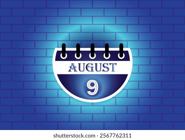 A stylized calendar page displaying August 9th is shown against a blue brick wall background. The calendar features a modern design with clean lines and a subtle glowing effect.