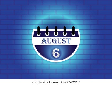 A stylized calendar page displaying August 6th.  The design features a dark blue and white color scheme, set against a textured blue brick wall. Ideal for reminders or event planning.