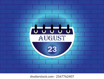 A stylized calendar page displaying August 23rd. The calendar is circular and features a blue and white color scheme. It's set against a textured blue brick wall backdrop