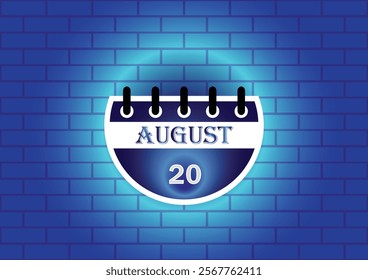 A stylized calendar page displaying August 20th is showcased against a backdrop of a blue brick wall.  The design is minimalist and modern, ideal for various applications.