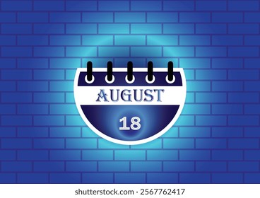 A stylized calendar page displaying August 18th. The design features a blue and white color scheme, set against a textured blue brick wall background, creating a clean and modern aesthetic.