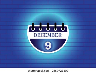 A stylized calendar page displaying December 9th is shown against a blue brick wall background. The calendar features a modern design with clean lines and a subtle glowing effect.