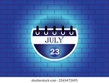 A stylized calendar page displaying July 23rd. The calendar is circular and features a blue and white color scheme. It's set against a textured blue brick wall backdrop