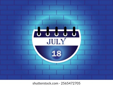 A stylized calendar page displaying July 18th. The design features a blue and white color scheme, set against a textured blue brick wall background, creating a clean and modern aesthetic.