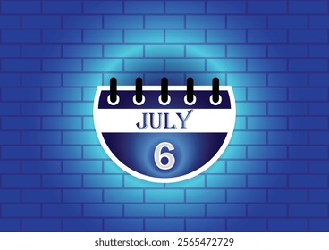 A stylized calendar page displaying July 6th.  The design features a dark blue and white color scheme, set against a textured blue brick wall. Ideal for reminders or event planning.