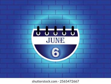 A stylized calendar page displaying June 6th.  The design features a dark blue and white color scheme, set against a textured blue brick wall. Ideal for reminders or event planning.