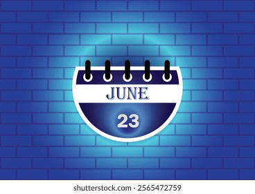 A stylized calendar page displaying June 23rd. The calendar is circular and features a blue and white color scheme. It's set against a textured blue brick wall backdrop