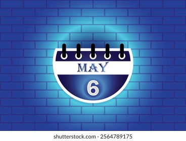 A stylized calendar page displaying May 6th.  The design features a dark blue and white color scheme, set against a textured blue brick wall. Ideal for reminders or event planning.