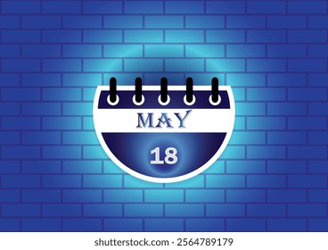 A stylized calendar page displaying May 18th. The design features a blue and white color scheme, set against a textured blue brick wall background, creating a clean and modern aesthetic.