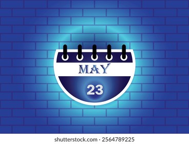 A stylized calendar page displaying May 23rd. The calendar is circular and features a blue and white color scheme. It's set against a textured blue brick wall backdrop