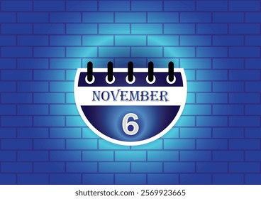 A stylized calendar page displaying November 6th.  The design features a dark blue and white color scheme, set against a textured blue brick wall. Ideal for reminders or event planning.