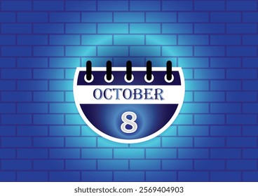 A stylized calendar page displaying October 8th is shown against a blue brick wall background. The calendar features a modern design with clean lines and a subtle glowing effect.