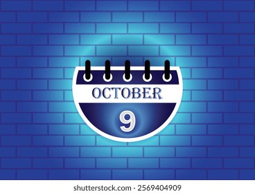 A stylized calendar page displaying October 9th is shown against a blue brick wall background. The calendar features a modern design with clean lines and a subtle glowing effect.