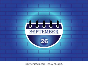 A stylized calendar page displaying September 26th is shown against a blue brick wall background.  The design is clean and modern, ideal for digital use.