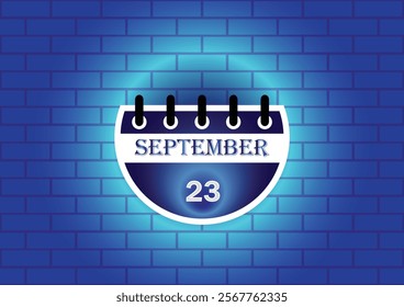 A stylized calendar page displaying September 23rd. The calendar is circular and features a blue and white color scheme. It's set against a textured blue brick wall backdrop