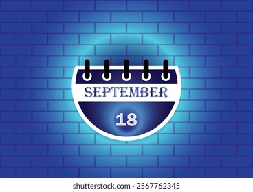 A stylized calendar page displaying September 18th. The design features a blue and white color scheme, set against a textured blue brick wall background, creating a clean and modern aesthetic.