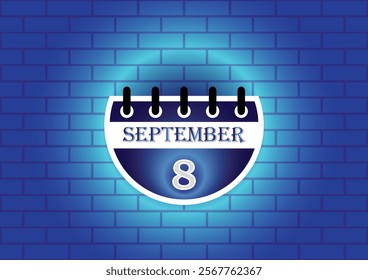 A stylized calendar page displaying September 8th is shown against a blue brick wall background. The calendar features a modern design with clean lines and a subtle glowing effect.
