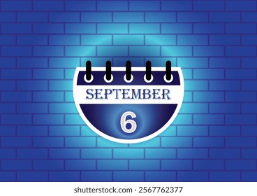 A stylized calendar page displaying September 6th.  The design features a dark blue and white color scheme, set against a textured blue brick wall. Ideal for reminders or event planning.