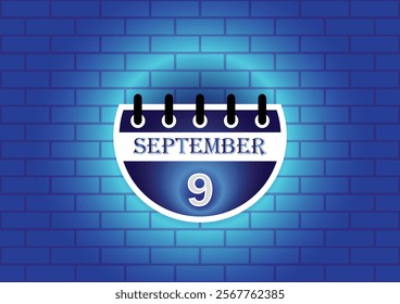 A stylized calendar page displaying September 9th is shown against a blue brick wall background. The calendar features a modern design with clean lines and a subtle glowing effect.