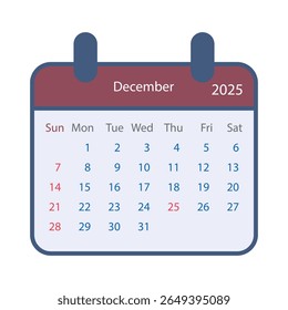 Uma página de calendário estilizado é exibida em dezembro de 2025, com o 25º realçado em vermelho, indicando o dia de Natal. O design apresenta cantos arredondados e uma estética simples e moderna.